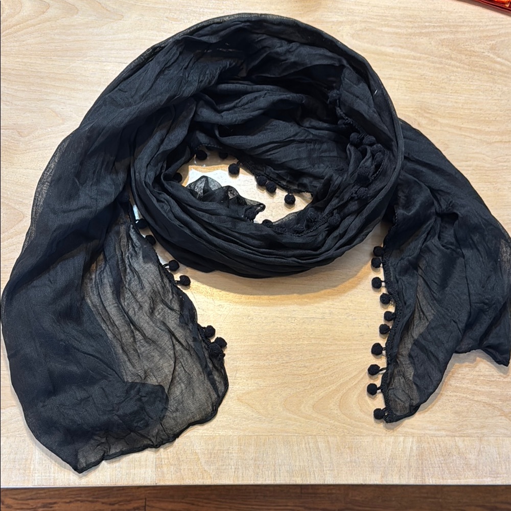 Barneys New York Black Scarf with Pom Pom Trim - Picture 3 of 3